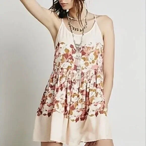 Free People Intimately Floral Print Slip Dress Cream Pink Mini Spaghetti Strap - Picture 2 of 8